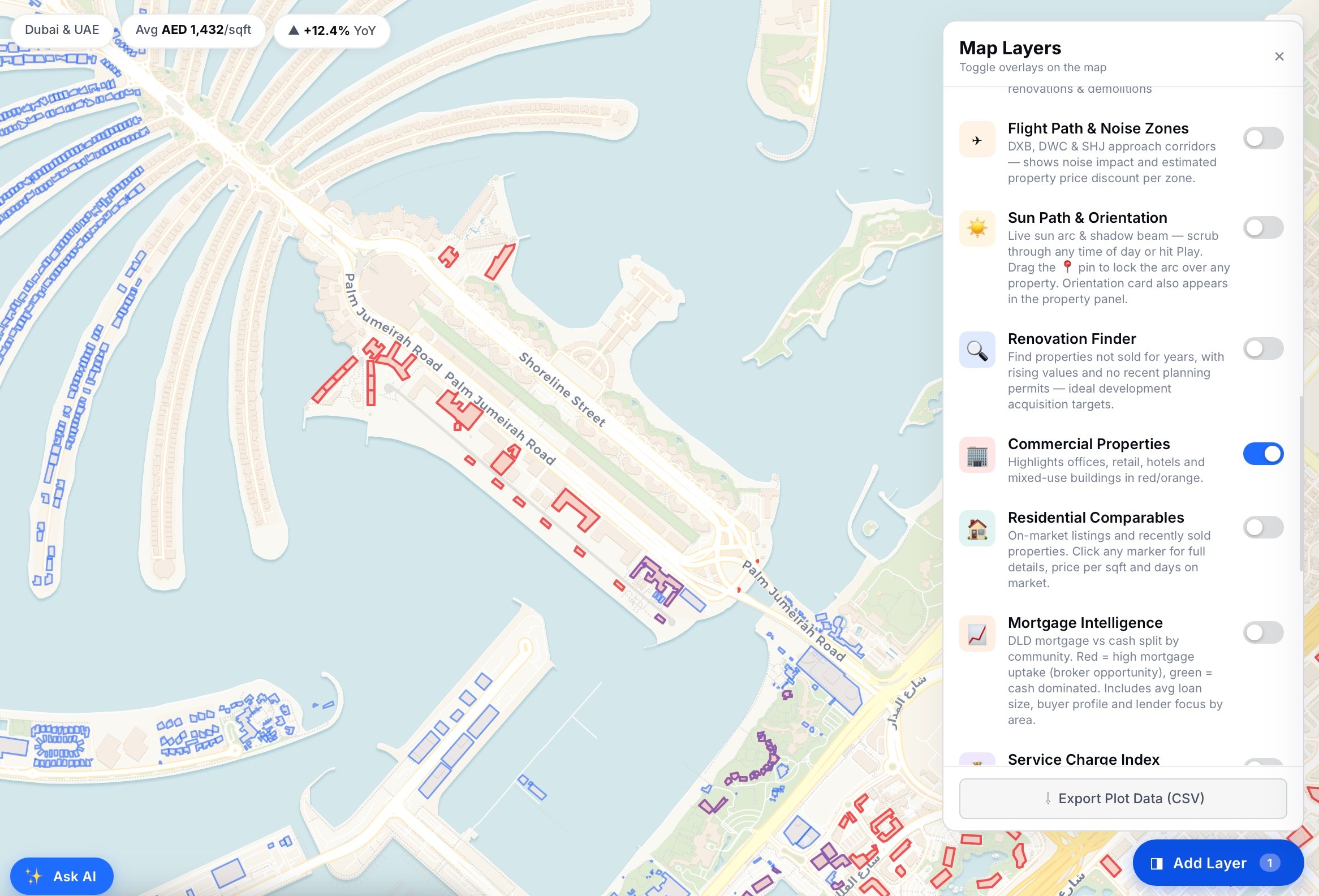 Ardhi map view of The Palm Jumeirah with Property Intelligence layer panel — Plot Finder, Freehold Zones, Off-Plan Sales, DLD Liquidity Heatmap, Price Heatmap, Yield Map.