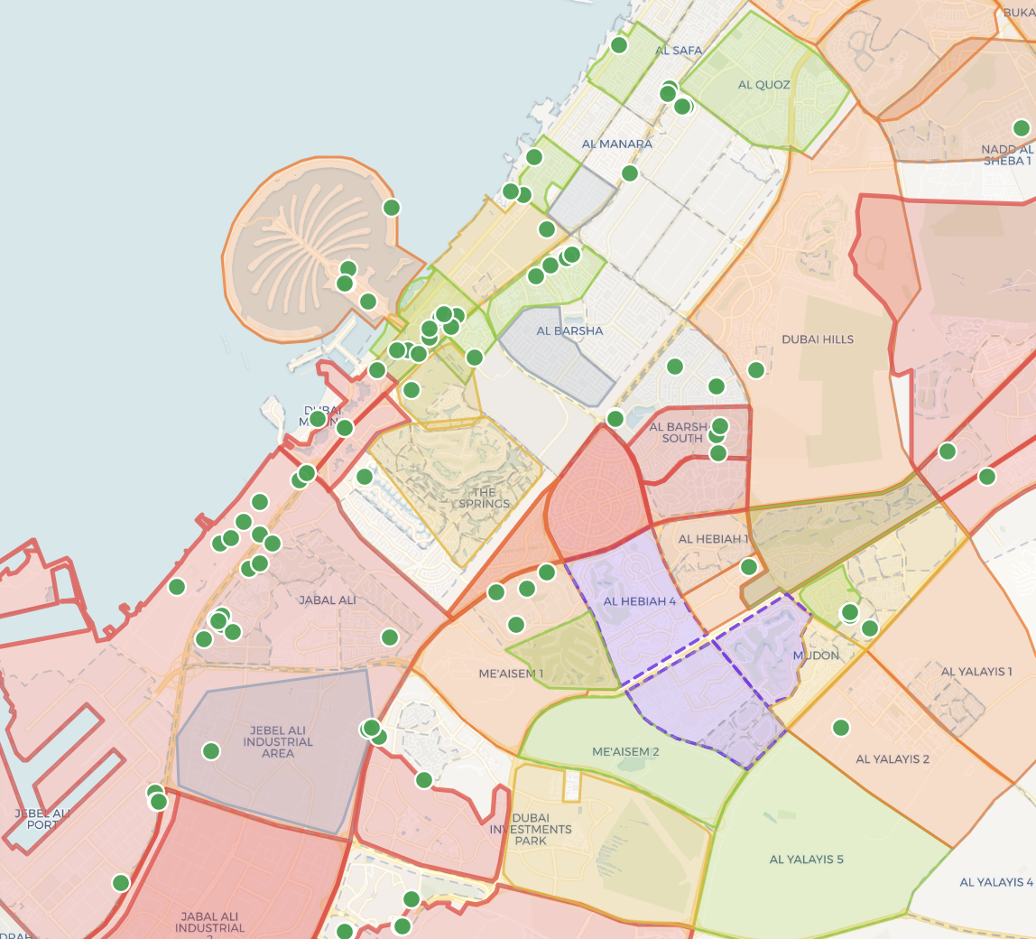 Ardhi map — recently sold transactions coloured by community across Dubai.